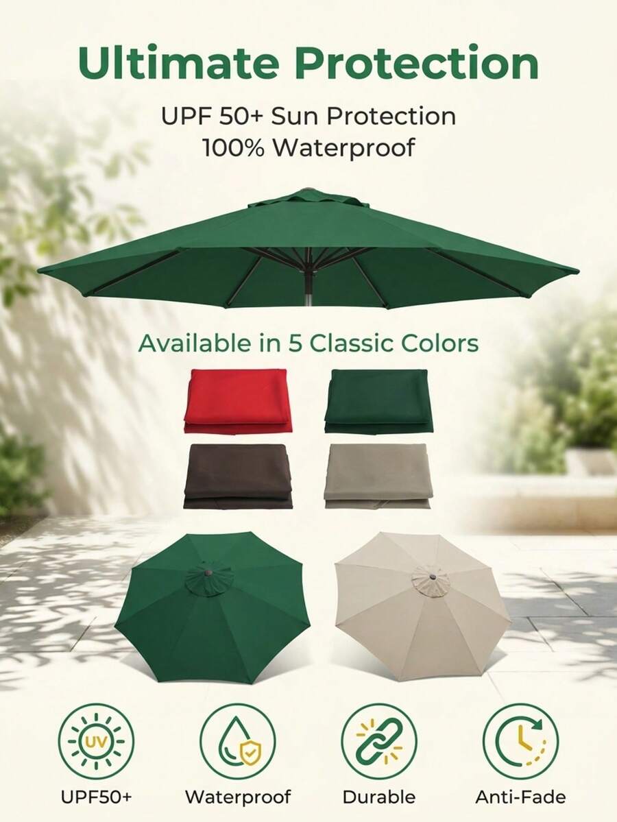 Multi-Color Round Outdoor Patio Umbrella Replacement Canopy, Minimalist Solid Color Sunshade Fabric, UV Protection Umbrella Cover Accessory Without Frame, Suitable For Villa, Cafe, Park, Terrace, Yard, Summer Outdoor Use - A - View 1