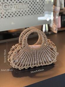 Luxury Rhinestone Fan Evening Clutch, Semi-Circular Hollow Handheld Bag, Rhinestone Wrapped Ring Handle, Women Stylish Bag For Wedding - Champagne - View 5