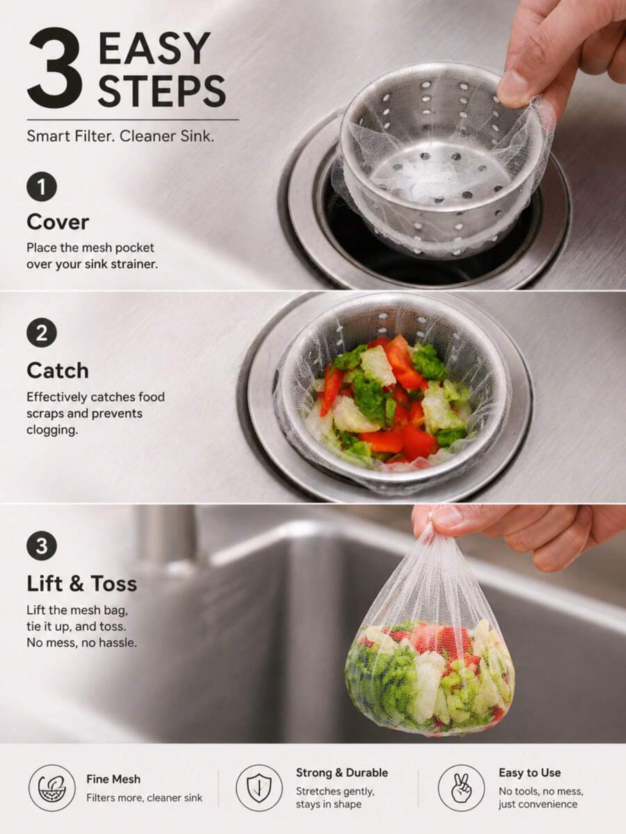 100pcs Disposable Fine Mesh Kitchen Sink Strainer Bags, Elastic Drain Filter Net, Anti-Clogging Food Residue Collection Bag, Easy To Lift And Discard Sink Drain Protector, Suitable For Most Kitchen And Bathroom Sink Strainers - A - View 1