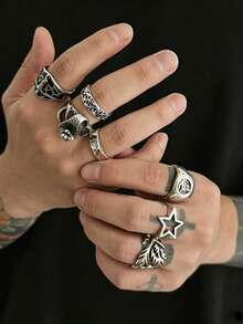 7 piezas Anillos de metal geométricos personalizados de moda, diseño de estrella & serpiente, joyería de encanto punk hip hop para hombres, set de anillos apilables - 7 piezas - Ver 10