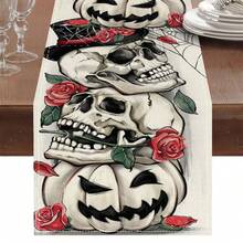 1PC Halloween Skull Red Rose Table Runner, Top Hat Spider Web White Jack-O-Lantern Beige Background Rectangular Table Runner, Gothic Spooky Fall Halloween Decor For Kitchen Dining Table Home - Black - View 8