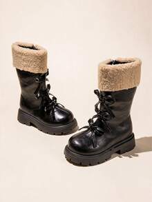 Autumn/Winter Girls' Lamb Wool Mid-Calf Boots, Bow Design Side Zipper Children's Boots - Black - View 6