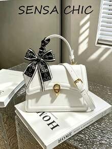 Pure White PU Small Square Bag, Dual Handle + Crossbody Design, Gold-Tone Metal Hardware, Exquisite Commuter Bag - White - View 4