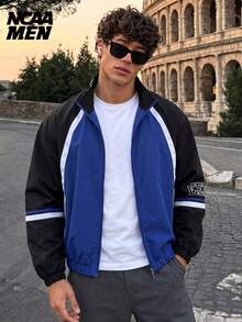Men's Spring/Autumn Fashion Casual Letter Jacket With Color Block Patchwork Design - Blue - View 1