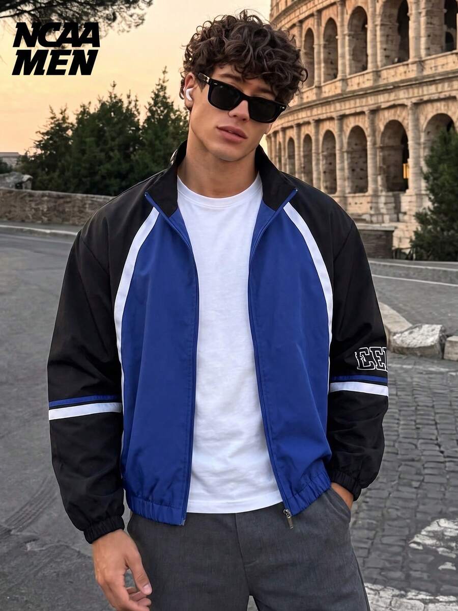 Men's Spring/Autumn Fashion Casual Letter Jacket With Color Block Patchwork Design - Blue - View 1