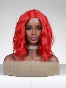 FIVE STARS 4*1 Handmade Wavy Bob Lace Front Full Wig, 14 Inch, Heat-Resistant Synthetic Fiber, Bright Red, Soft Fluffy Waves, Fashionable Style, Suitable For Daily Wear, Festivals, Halloween, Christmas And Portrait Photography - Multicolor - View 4