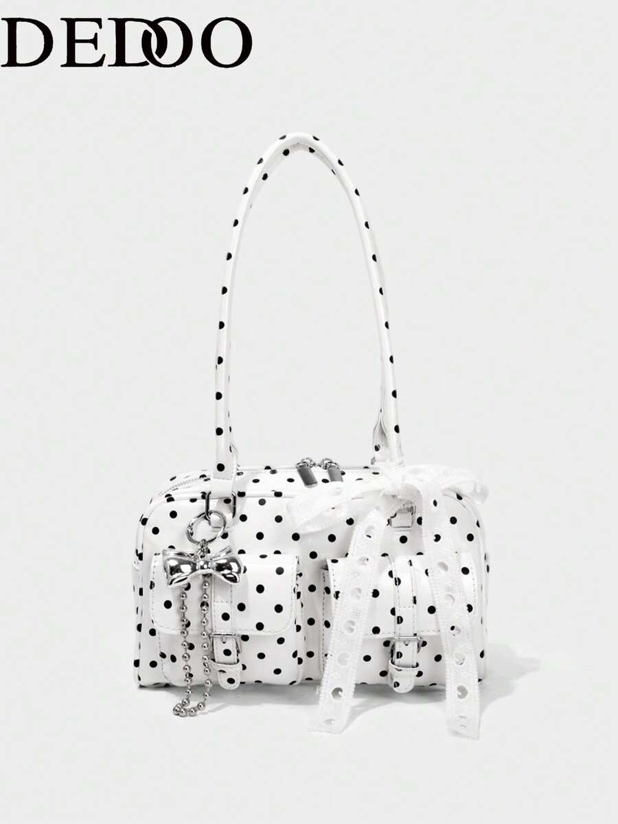 Dedoo Tas Tangan Mini Boston Motif Polkadot, Tas Bahu, Dekorasi Gantungan Boneka Lucu, Penutup Resleting, Tas Saku Harian yang Ringkas
