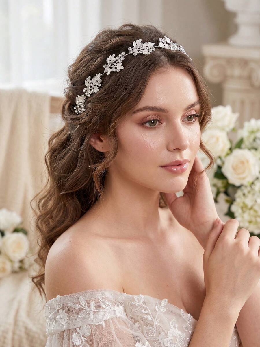 1pc Silver Leaf Bridal Headband With Free Hair Pins, Rhinestone Floral Wedding Hair Vine, Elegant Soft Hair Accessory For Bride Prom Evening Party