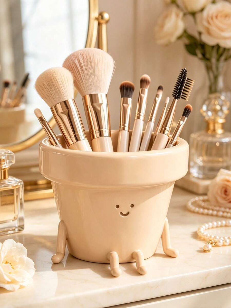 Fun Flower Pot Shaped Makeup Brush Holder, Single Cute Face Cosmetic Storage Box, Multi-Functional Makeup Tool & Pencil Holder Cup, Bedroom Vanity Bathroom Countertop Office Desk Decor - View 1