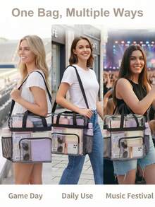 NEWHEY Large Capacity Transparent PVC Tote Bag, Waterproof Clear Handbag With Detachable Crossbody Strap And Side Mesh Pocket; Can Be Used As Travel Toiletry Bag, Suitable For Daily Outings - Black - View 7