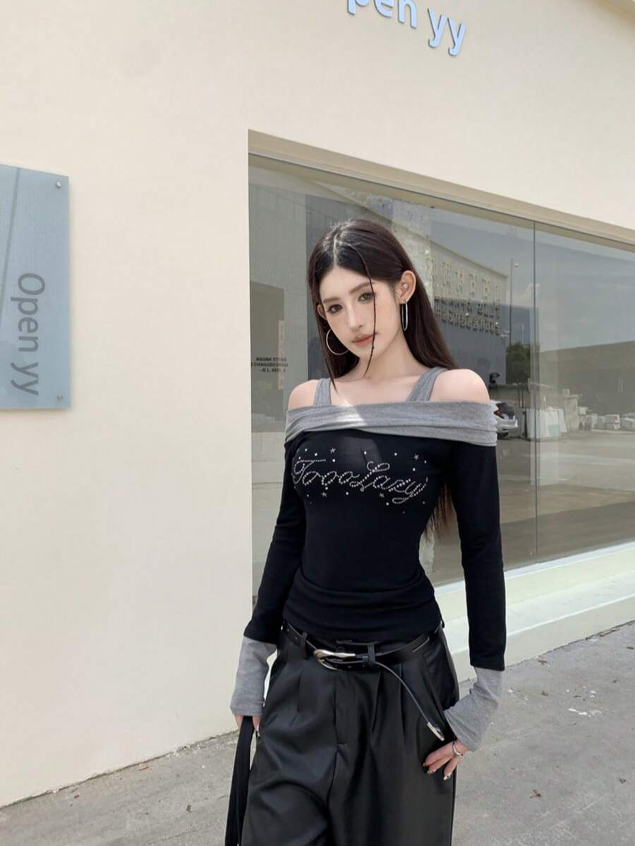 New Women's Spring/Autumn Sexy Colorblock Patchwork Open Shoulder Rhinestone Long Sleeve Slim Fit Base Layer Top - Black - View 1