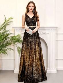 Elegant Party Dress, Fitted Formal Gown, A-Line Sequin Sexy V-Neck Evening Dress, Formal Dress For Wedding Guest, Suitable For Graduation Ceremony, Banquet And Other Occasions - Gold - View 2