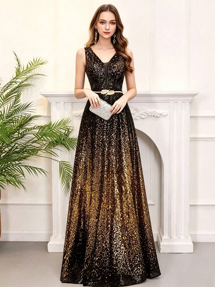 Elegant Party Dress, Fitted Formal Gown, A-Line Sequin Sexy V-Neck Evening Dress, Formal Dress For Wedding Guest, Suitable For Graduation Ceremony, Banquet And Other Occasions