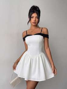 Soulscape Elegant Fashion White Off-Shoulder Mini Dress With Bow Detail On Back And Waist Party - Black and White - View 6