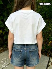 Mädchen Sommer T-Shirt mit kurzen Ärmeln, figurbetontes T-Shirt, Baumwoll-Strickstoff, modischer Streetstyle, süßer Katzen-Print - Weiss - Übersicht 4