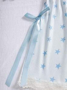 CELILIN Cute Star Print Women Slip Shorts With Side Ribbon Bow, Stretchy Ribbed Lace Hem Lounge Shorts For Daily Wear - Baby Blue - View 10