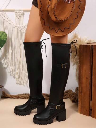 Women's Black Chunky Heel Tall Motorcycle Boots, New European & American Style Leather Boots, Fashion Versatile Sexy Thick Sole Height-Increasing Over-The-Knee Long Boots, Drawstring Elastic Slim Tall Boots