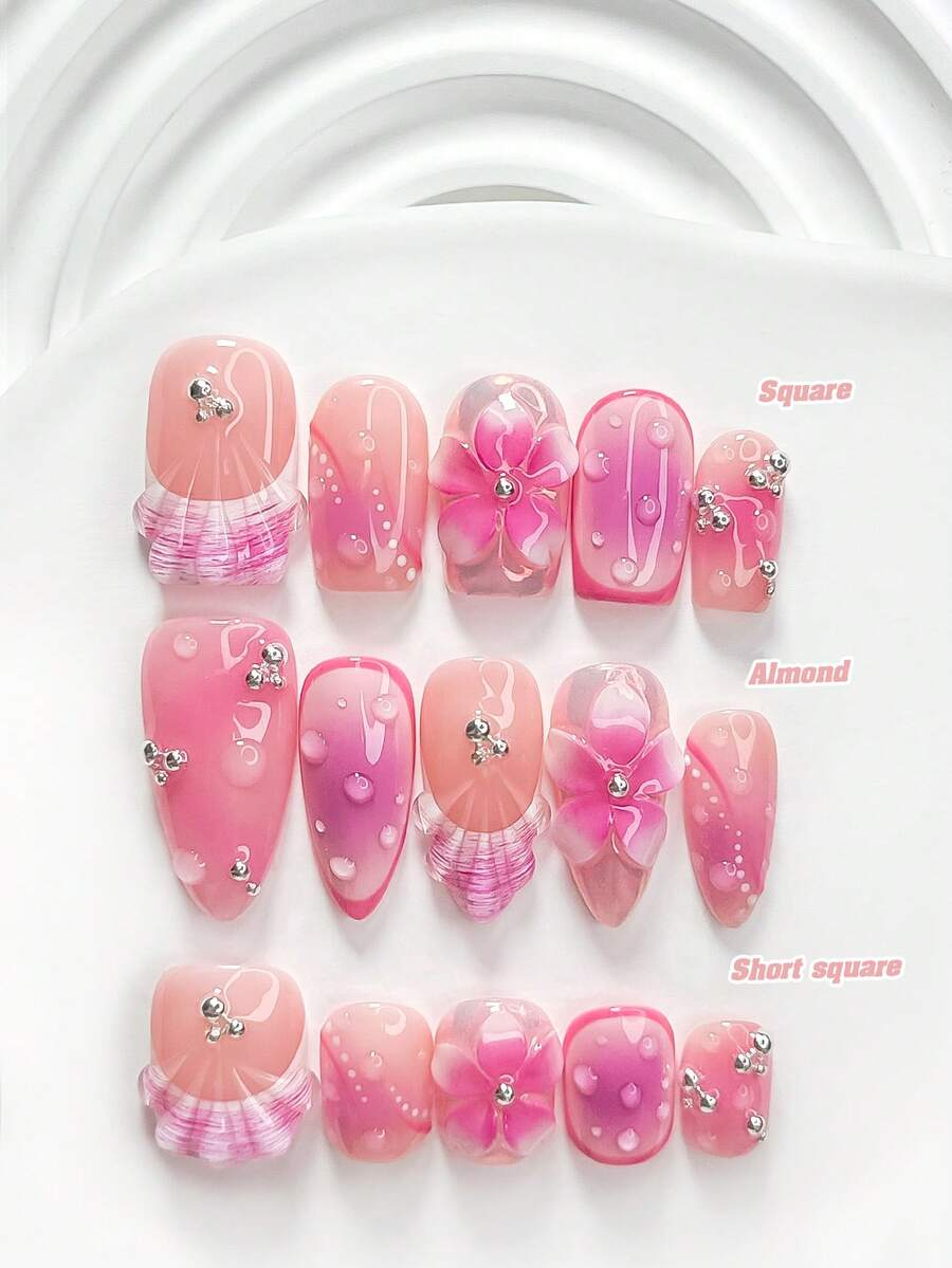 10件/組仙女甜美女孩風手工穿戴甲,Polygel美甲套組,花卉粉色漸層,含美甲工具,3種尺寸可選,方型/短方型/杏仁形,適合派對、跳舞、日常佩戴 - 彩色 - 查看 1