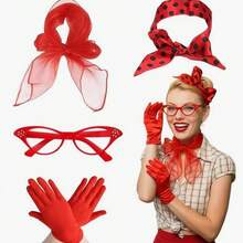Set de 4 piezas de accesorios vintage de los años 50 para mujer | Gafas de ojo de gato retro, pañuelo, diadema y pendientes de lunares, perfecto para fiestas temáticas vintage y eventos de Halloween - Multicolor - Ver 11