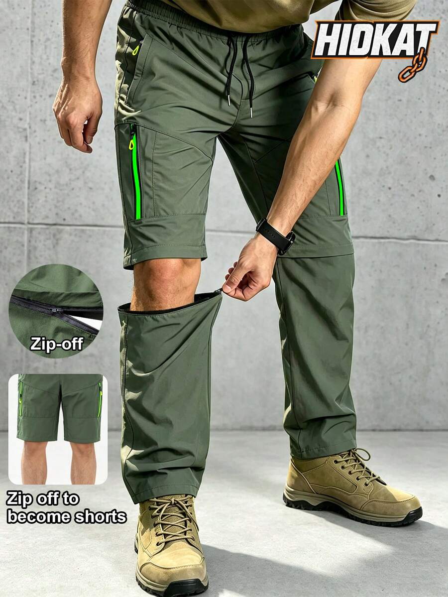 Hidkat Men's Detachable Outdoor Hiking Shorts/Pants, Zipper Elastic Waist, Multiple Zipper Pockets, Cargo Pants, Summer/Autumn - Army Green - View 1