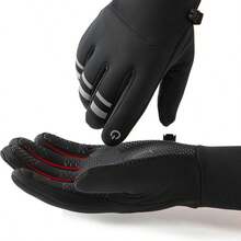 1 Pair Spring Autumn Winter Sports Outdoor Cycling Gloves, Unisex Reflective Warm Thick Fleece Touchscreen Ski Gloves, Water-Resistant Elastic - Black - View 8