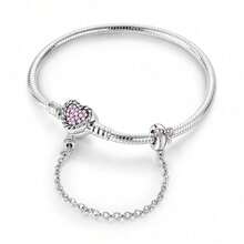 1pc S925 Sterling Silver Snake Chain All-Match Bracelet, Multiple Pink Diamond Heart Clasp With Safety Chain, Hollow Carved Design, Heart-Shaped Main Stone, Customizable DIY Beaded, Comes With Gift Box, Gentle Girl Style, Versatile Handmade Jewelry Base For Gifting - Multicolor - View 15