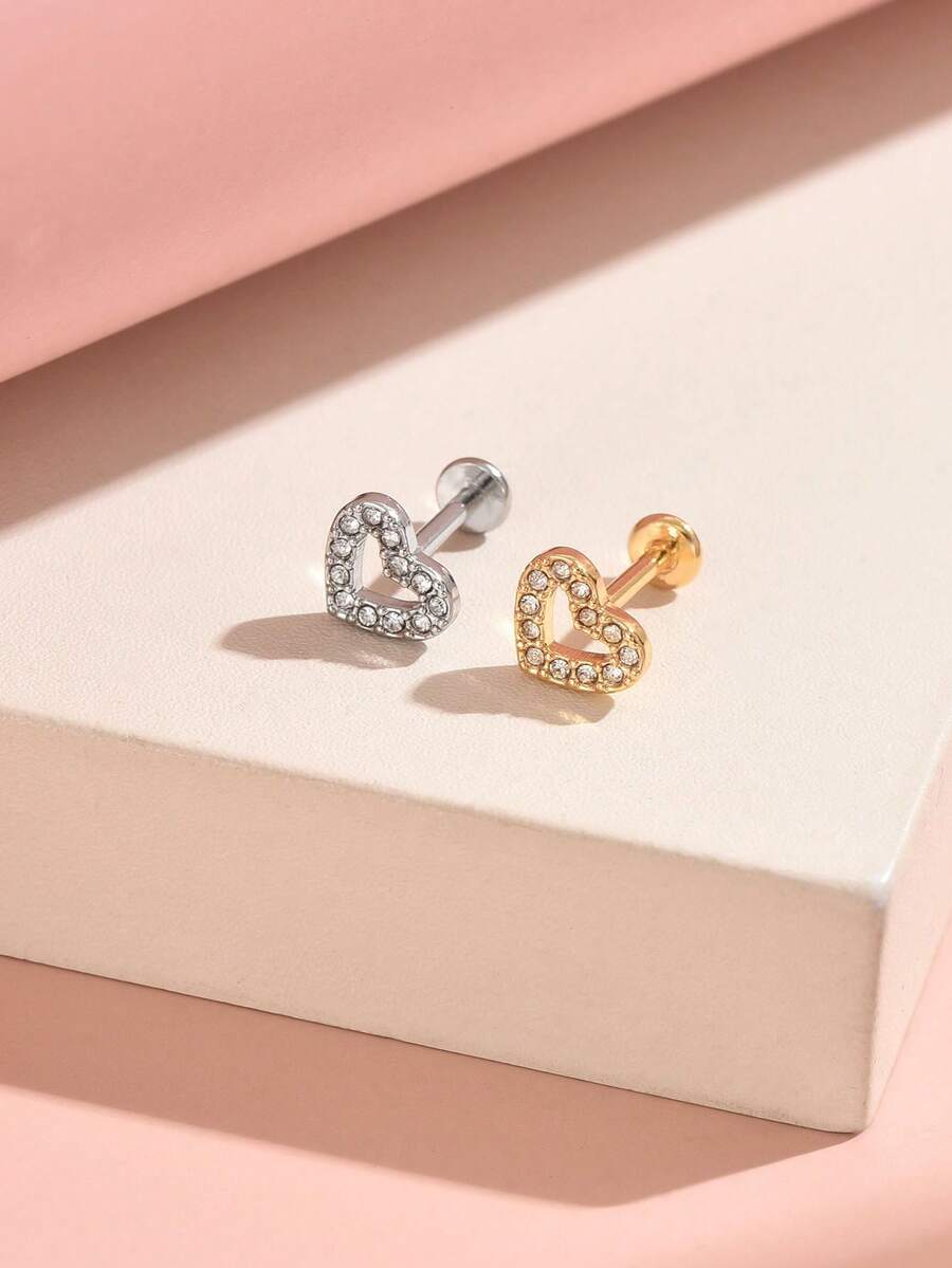 1pc/2pcs Exquisite Hollow Heart-Shaped CZ Pave Flat Back Piercing Studs, 316L Hypoallergenic Stainless Steel Internal Thread Body Piercing Jewelry, Shiny Stackable Ear Cartilage/Helix/Lip Body Jewelry - Heart-shaped - View 1