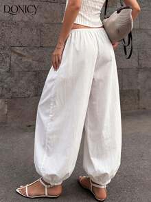 DONICY Women's Elegant High Waist Balloon Leg Pants - Spring/Summer Casual Drawstring Parachute Pants, Suitable For Daily Street Style, Vacation, Easter - White - View 2