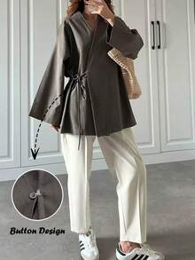 Chaqueta de mujer de manga larga con lazo en la parte delantera, estilo minimalista, adecuada para todas las estaciones, primavera - Marrón oscuro - Ver 2