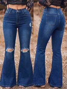 Celana Jeans Flare Wanita - Denim Flare dengan Efek Sobek, Jeans Western Vintage yang Elastis - Dark Wash - View 1