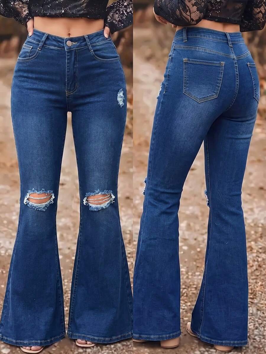 Celana Jeans Flare Wanita - Denim Flare dengan Efek Sobek, Jeans Western Vintage yang Elastis - Dark Wash - View 1