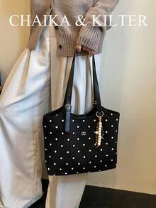 1 pièce Sac à épaule de mode en tissu suédé mat de couleur unie, sac à main vintage décontracté pour femmes avec bouton-pression et fermeture éclair, grand sac fourre-tout de grande capacité, convient pour les voyages, les achats, les rendez-vous, cadeau pour femmes, convient aux adolescentes, aux étudiantes, aux débutantes et aux employées de bureau, très adapté pour le bureau, le campus, le travail, les affaires, les trajets, l'extérieur, les voyages, les sorties (vendu avec pendentif) - Noir - Voir 5