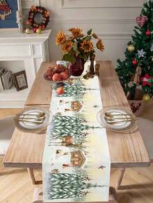 1pc Christmas Table Runner,Watercolor Snowy Forest Reindeer Print Tablecover,Rustic Winter Long Tablecloth For Dining Room Xmas Eve Party Decor - Multicolor - View 7