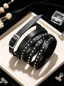Xiacheng 1/3 Pcs Punk Rock PU Leather Studded Bracelets For Men Women 80s Gothic Stackable Star Chain Cuff Set Emo Accessories For Rocker Outfit&Music Festival - Multicolor - View 7