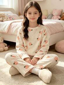 Teen Girls Cute Peach Print Flannel Pajama Set, 2-Piece Round Neck Long Sleeve Top And Pants, Soft Warm Loungewear, Suitable For Autumn/Winter Home Wear - Multicolor - View 10