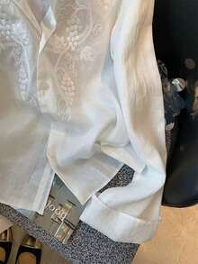極簡透氣亞麻混紡度假襯衫，適合畢業、通勤、旅行、城市之旅、休閒早午餐穿著 - 白色 - 查看 8