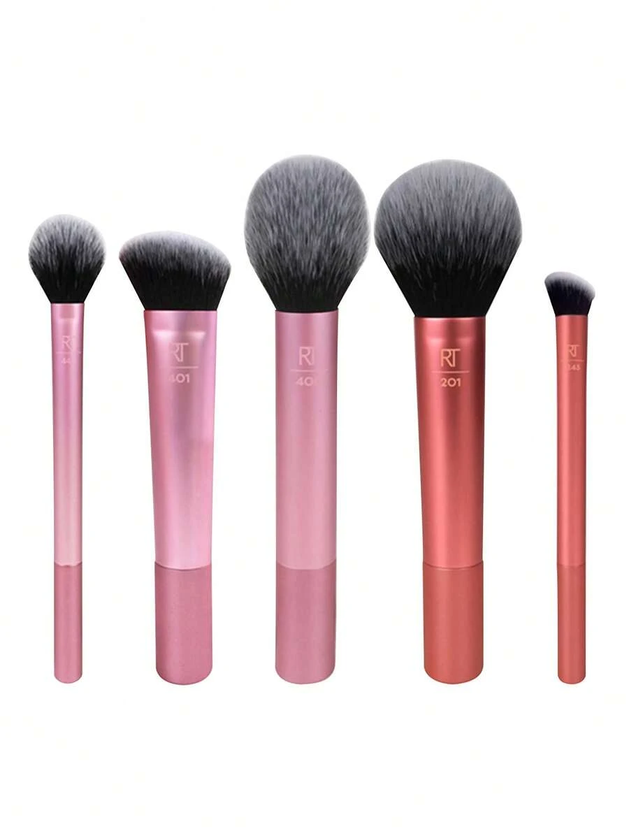Real Techniques Face Essentials For Blush&Highligher&Powder&Nose Shadow&Contour, 5 Piece Set,RT400 Blush Tapered,RT448 Setting Brush 2.0 Dense,RT201 Power Large,RT243 Nose Shadow Dense,RT401 Sculpting Wide - Rose Red - View 1