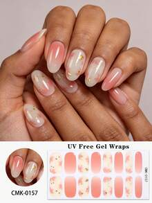 16pcs Pink Floral UV Free Gel Nail Wraps, Autumn Golden Foil Self-Adhesive Gel Nail Strips, Perfect For Women's Fall Outfits And DIY Nail Art - Multicolor - View 12