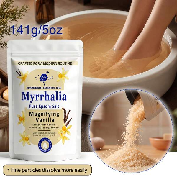 ملح حمام عطري MYRRHALIA بحجم السفر 141g/5oz، ملح إبسوم نقي برائحة الفانيليا، ملح مقشر DIY صيفي، بزيت شجرة الشاي وزيت الجوجوبا وفيتامين E، مقشر جاف ونقع للحمام ونقع للقدمين، للرجال والنساء، مرطب نقي مع Myrrhol