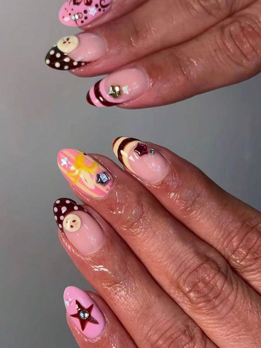 30pcs Short Almond Shape Press-On Nails, Pink Nails With Polka Dot, Star, Banana, Stripe, Button Pattern Design, Set Includes: 1pc Jelly Glue And 1pc Nail File. - Multicolor - View 1