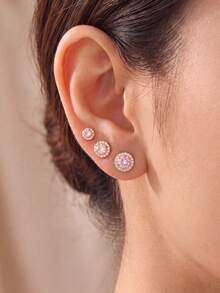 1 Set 6pcs/Luxury Sweet Style Earrings, Gold & Silver/Round White Zirconia Halo With Pink Zirconia Center Round Stud Earrings, Suitable For Women's Daily Wear, Gifts, Commuting, Dating, Banquet, Exquisite Versatile Jewelry - Multicolor - View 4