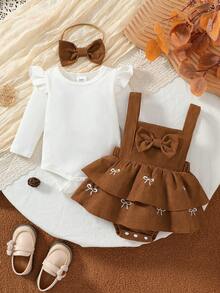 3pcs/Set Infant Long Sleeve Corduroy Ruffle Bow Sweet Style Pinafore Dress & Bodysuit Set, Spring/Autumn - Camel - View 3
