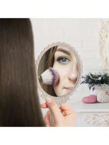 1pc Vintage Handheld Makeup Mirror, Floral Etched Electroplated Mirror Surface, European Retro Floral Pattern Handheld Travel Mirror, Suitable For Handbags And Vanity, INS Style Rose Gold Hand Mirror, Creative Gift For Brides, Teenagers And Vintage Lovers - Multicolor - View 7