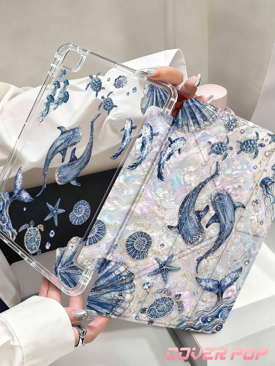 珠飾海洋生物與海龜圖案平板保護殼，相容 iPad Air 8(M4) 2026 (11/13 吋)、Air 11 吋 M3 2025/M2 2024、Air 第 5 代 2022、(A16) 11 吋第 11 代 2025，適用於 Galaxy Tab、Kindle Paperwhite 第 12 代 2024，透明背蓋，時尚圖案保護殼，自動睡眠/喚醒功能，氣墊保護，適合禮品與辦公使用