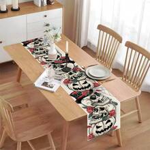 1PC Halloween Skull Red Rose Table Runner, Top Hat Spider Web White Jack-O-Lantern Beige Background Rectangular Table Runner, Gothic Spooky Fall Halloween Decor For Kitchen Dining Table Home - Black - View 6