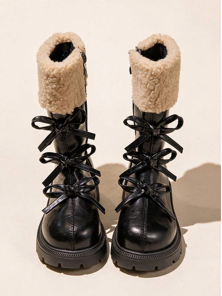 Autumn/Winter Girls' Lamb Wool Mid-Calf Boots, Bow Design Side Zipper Children's Boots - Black - View 1