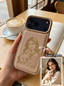個性化客製線條繪圖設計荔枝圖案 PU 皮革手機殼，適用於 iPhone 17 16 15 14 13 12 11 Pro Max 與 Plus 系列，鏡頭防摔防磨損，UV 印刷工藝，手寫刷子風格，生日與週年紀念日的完美禮物 - 卡其色 - 查看 3