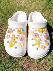 16pcs Beach Style Marine Creature Shoe Charms DIY Detachable Shoe Decorations ABS Starfish Shell Flower Shoe Accessories Suitable For Wooden Clogs Women's Sandals Slippers Beach Shoes, Holiday Gift - Yellow - View 5
