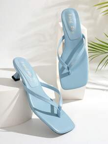 NANBEI ZUO Minimalist Solid Color Series Toe-Post Design Women's Kitten Heel Flip-Flop Sandals, Summer New Fashion Beach Vacation Style High Heel Slippers, Daily Versatile Korean Style Plain Square Toe Sandals - Light Blue - View 5