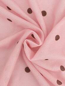 Pink Polka Dot Sheer Mesh Long Sleeve Top, Ruffle Round Neck Fitted Blouse, French Style Layering Blouse, Casual Summer Date Night Top - Baby Pink - View 9